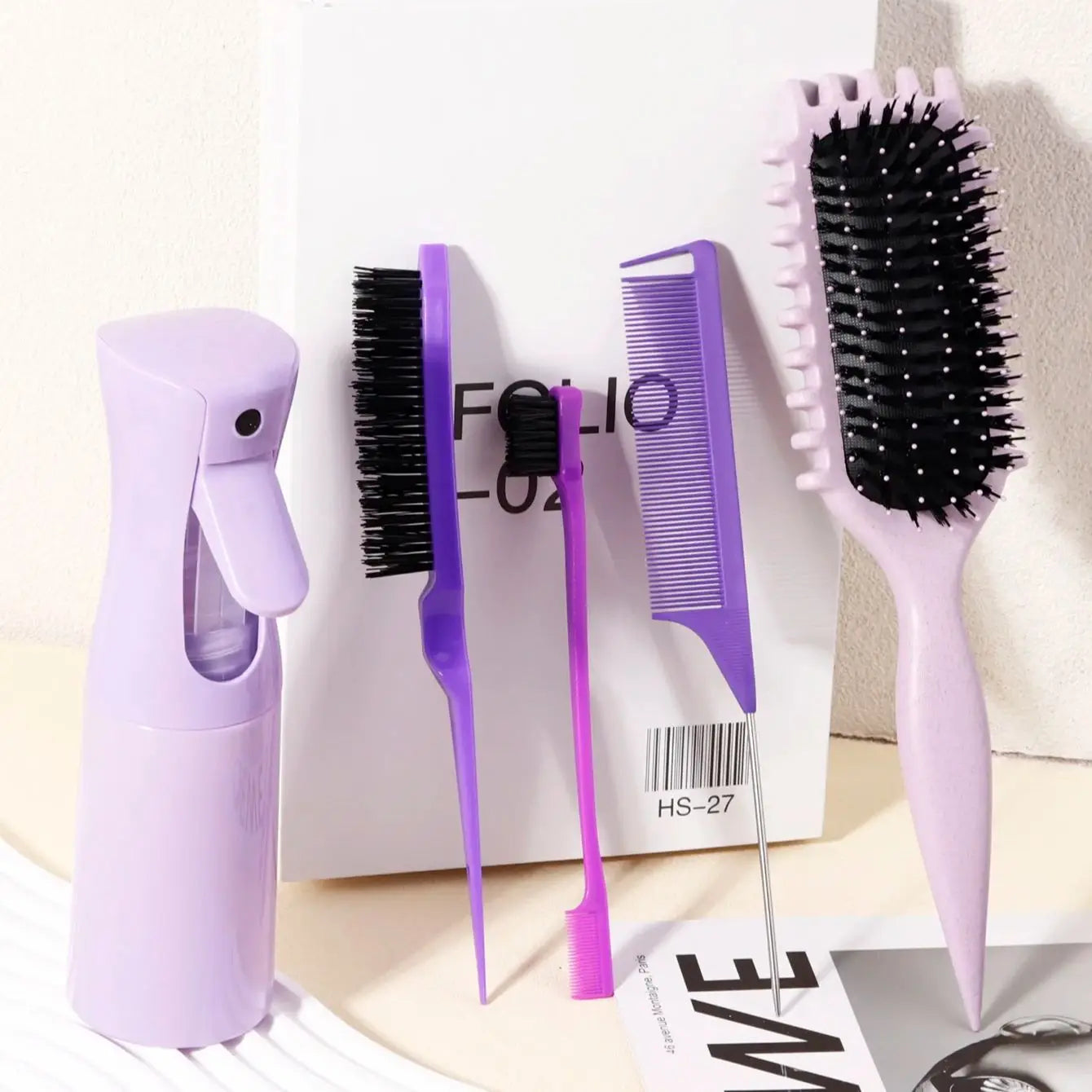 Ensemble de 5 brosses à cheveux Brosse à bonbons de massage doux avec peigne de contrôle de bord de bouteille de pulvérisation Brosse à queue de rat Kit d’outils de coiffure Salon