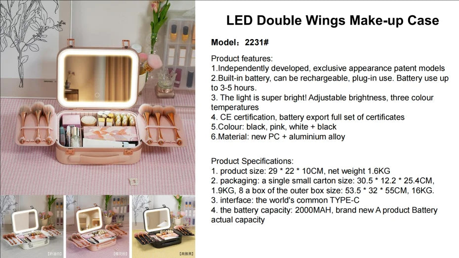 Large Capacity LED Lighted Makeup Case With Mirror Portable Detachable Cosmetic Storage Box Travel Makeup Box Cosmetic Bag