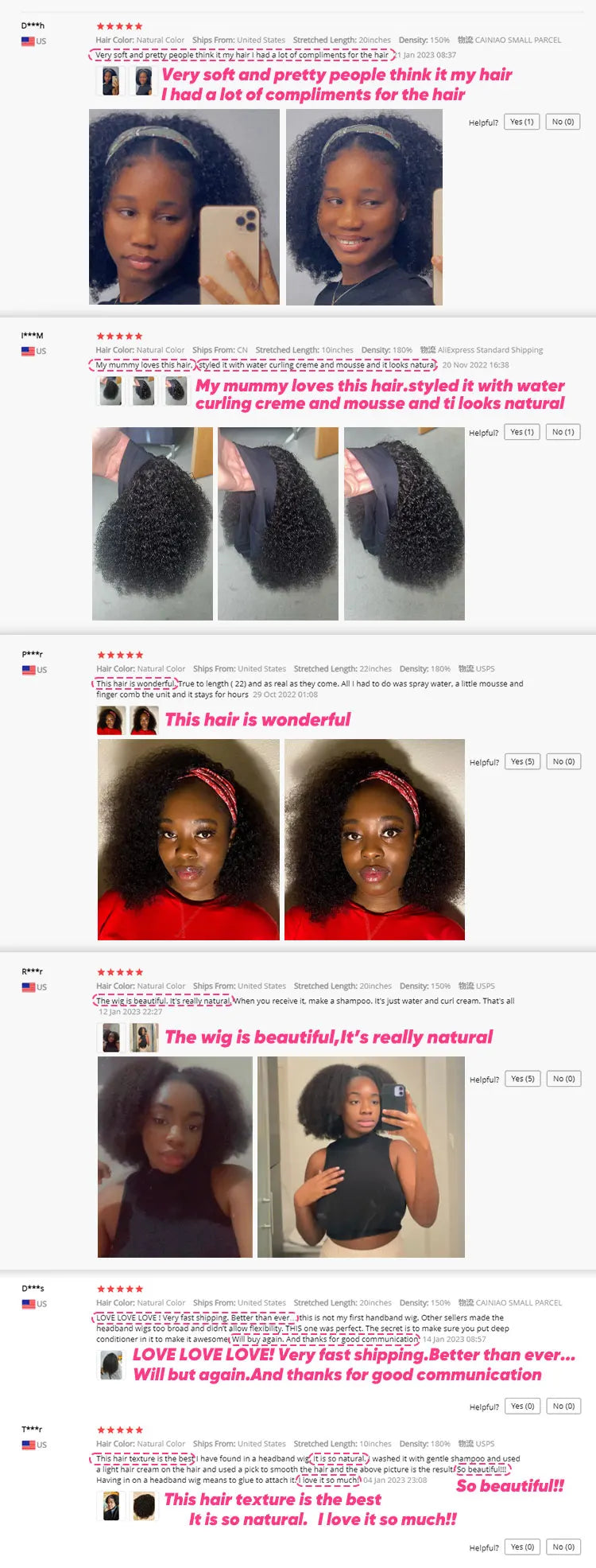 Afro Kinky Curly Human Hair Headband Perruque 180 % de densité brésilienne entièrement fabriquée à la machine 100 % cheveux humains