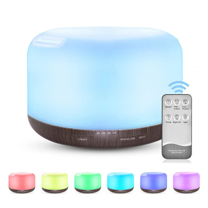 500ML USB Wood Grain Aroma Diffuser, Essential Oil Diffuser, Air Humidifier with Remote Control, Colorful Night Lights For Home
