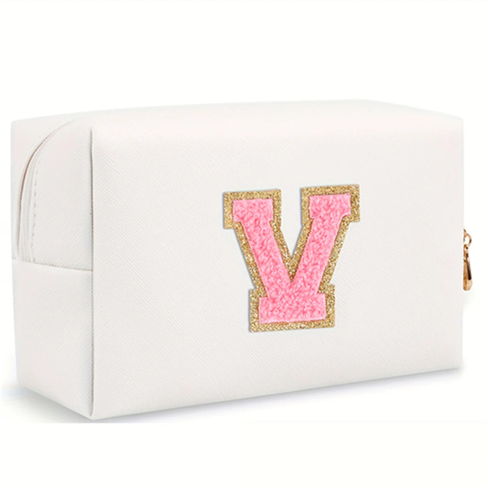 Initial letter patch makeup bag, Preppy portable zipper bag, PU leather waterproof travel wash bag,letter women's handbag-ll-LJX