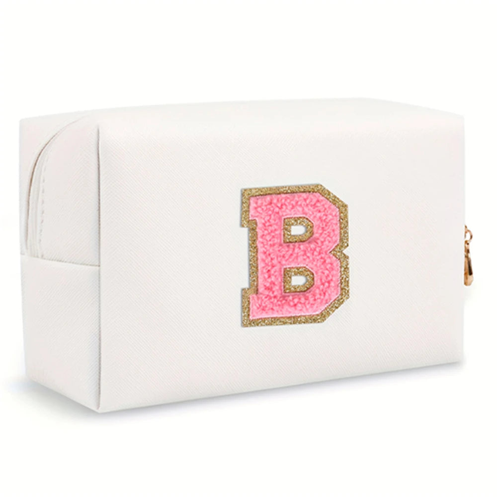Initial letter patch makeup bag, Preppy portable zipper bag, PU leather waterproof travel wash bag,letter women's handbag-ll-LJX