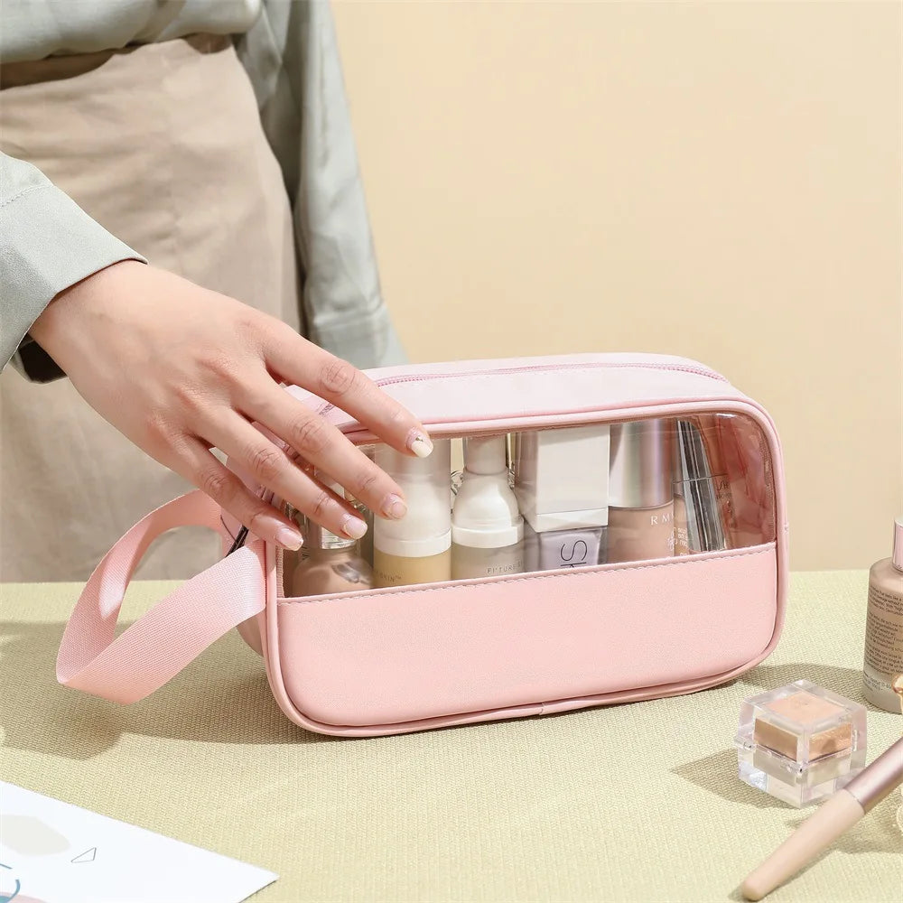 New transparent makeup bag Large capacity waterproof swimming and bathing bag Simple PVC handbag PU splicing bag wash bag