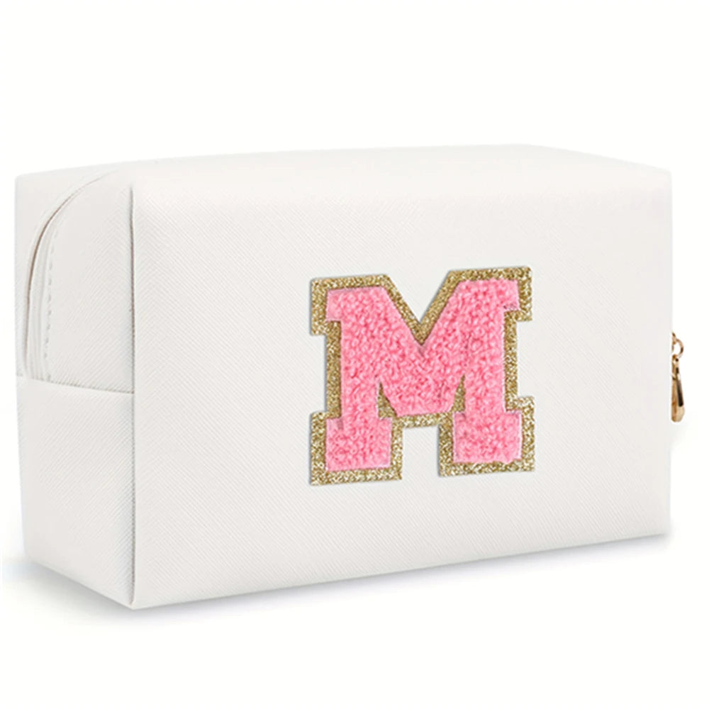 Initial letter patch makeup bag, Preppy portable zipper bag, PU leather waterproof travel wash bag,letter women's handbag-ll-LJX