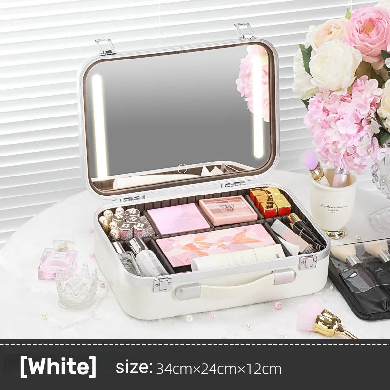 Large Capacity LED Lighted Makeup Case With Mirror Portable Detachable Cosmetic Storage Box Travel Makeup Box Cosmetic Bag
