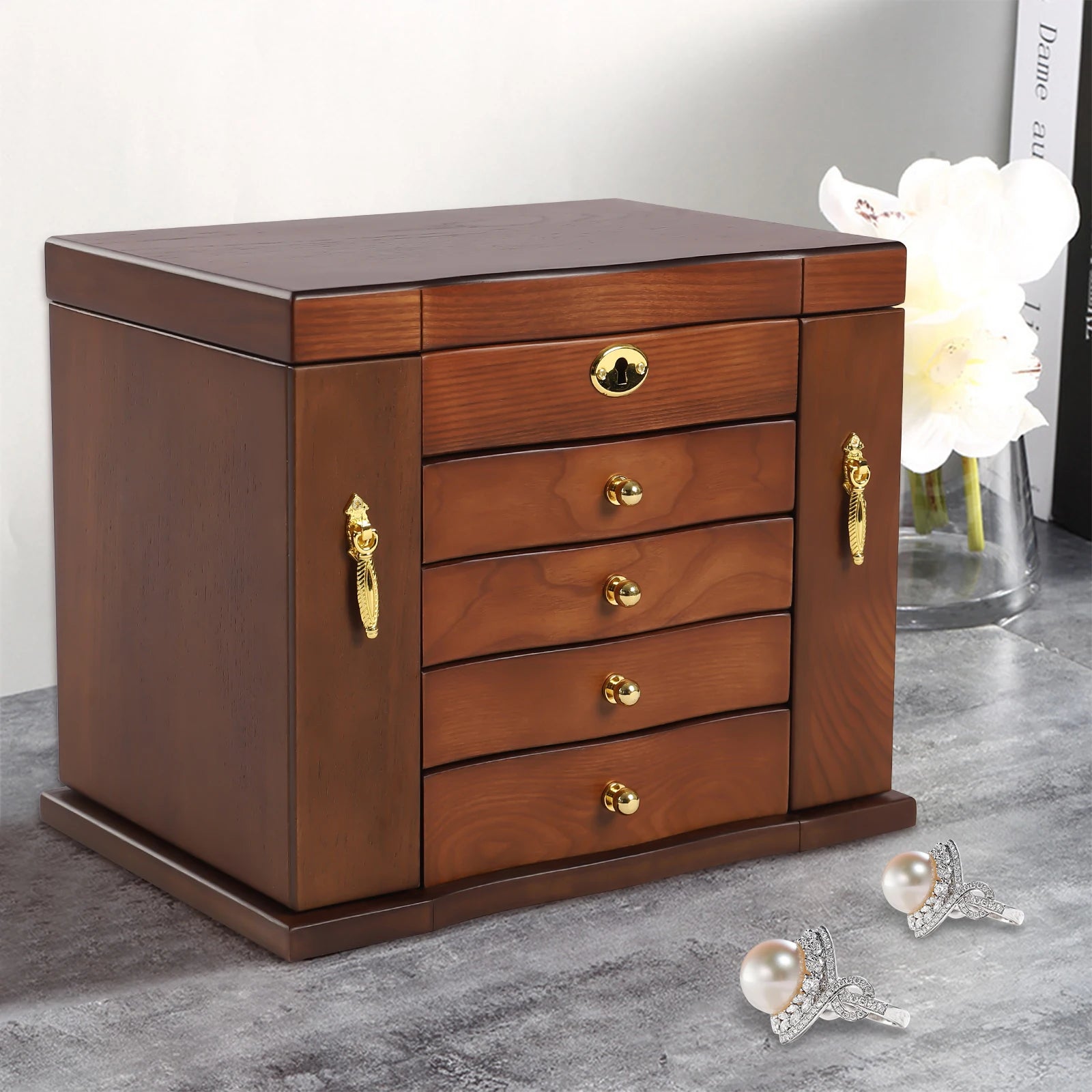 Wood Organizer Combo Lock Vintage Style Storage Box With Mirror, High Quality Wood Jewelry Necklace Chest Armoire Drawer