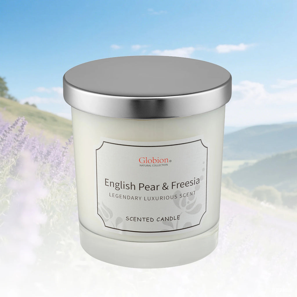 Scented Candle English Pear and Freesia Aromatherapy Candle Glass Jar + Lid 7oz for Home 45 Hours Burn Time Gift for Birthday