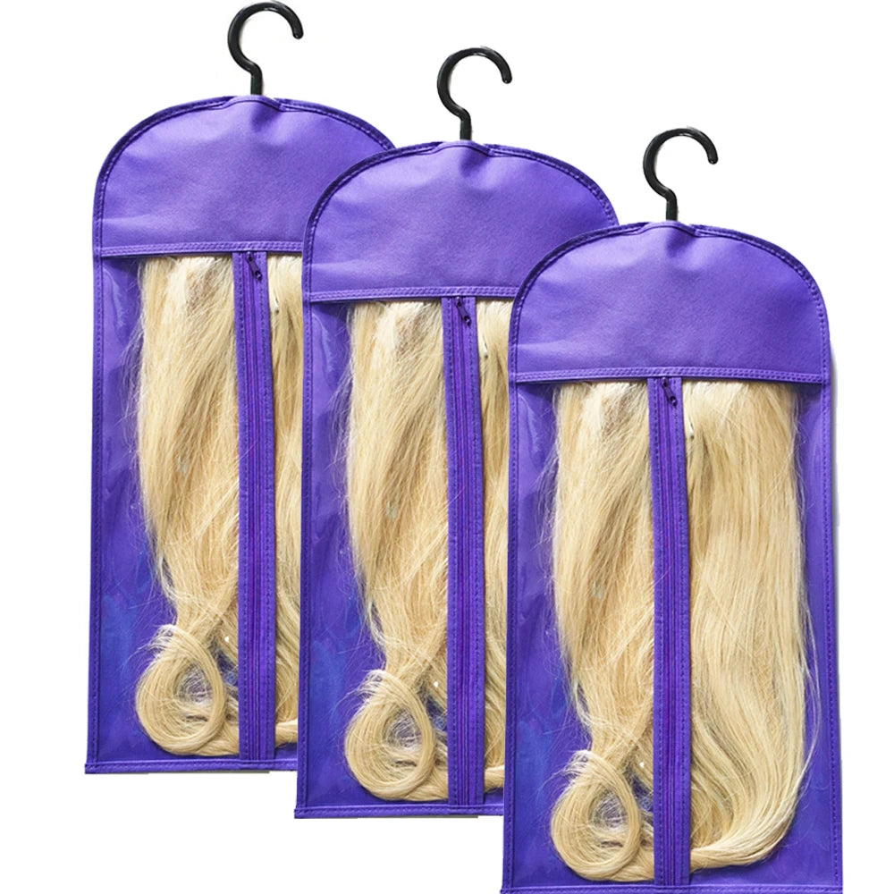 3pcs Premium Wig Storage Bags with Sturdy Metal Hangers - Black Transparent Design for Multiple Wigs & Hair Extensions