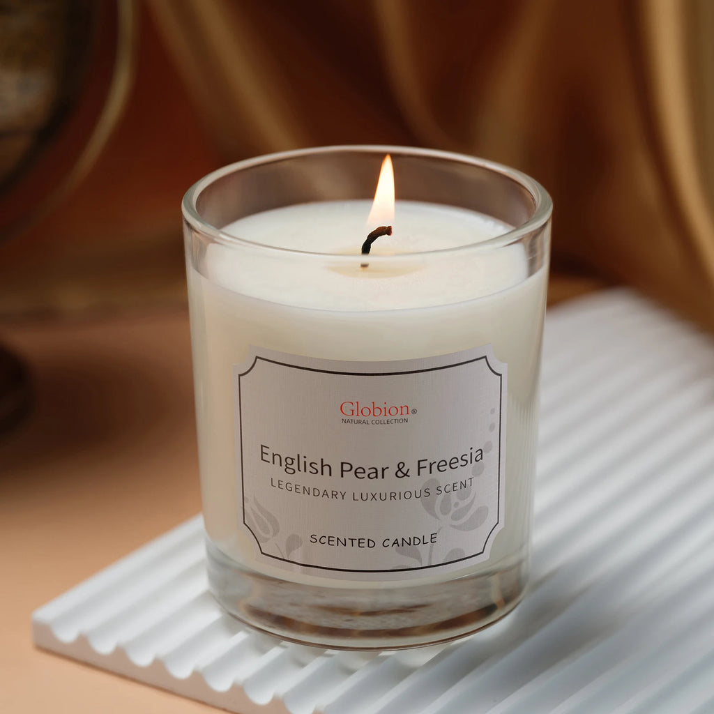 Scented Candle English Pear and Freesia Aromatherapy Candle Glass Jar + Lid 7oz for Home 45 Hours Burn Time Gift for Birthday