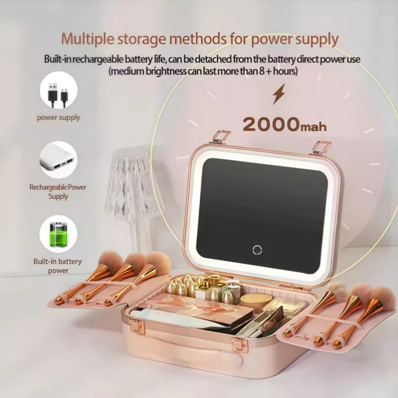 Large Capacity LED Lighted Makeup Case With Mirror Portable Detachable Cosmetic Storage Box Travel Makeup Box Cosmetic Bag