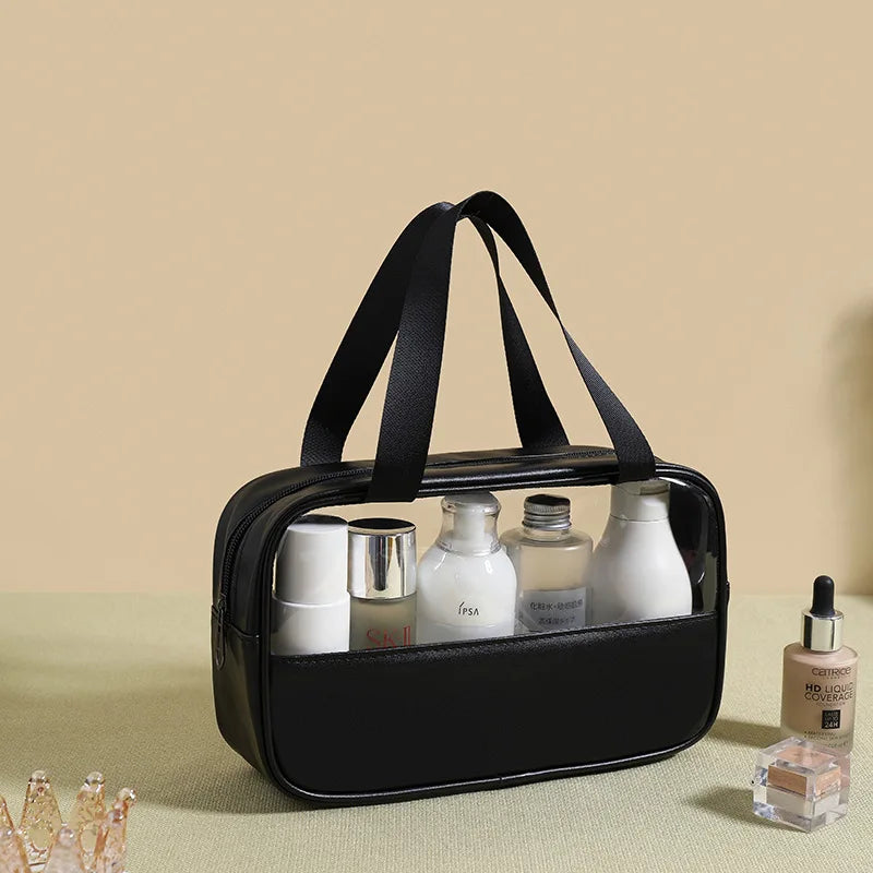 New transparent makeup bag Large capacity waterproof swimming and bathing bag Simple PVC handbag PU splicing bag wash bag