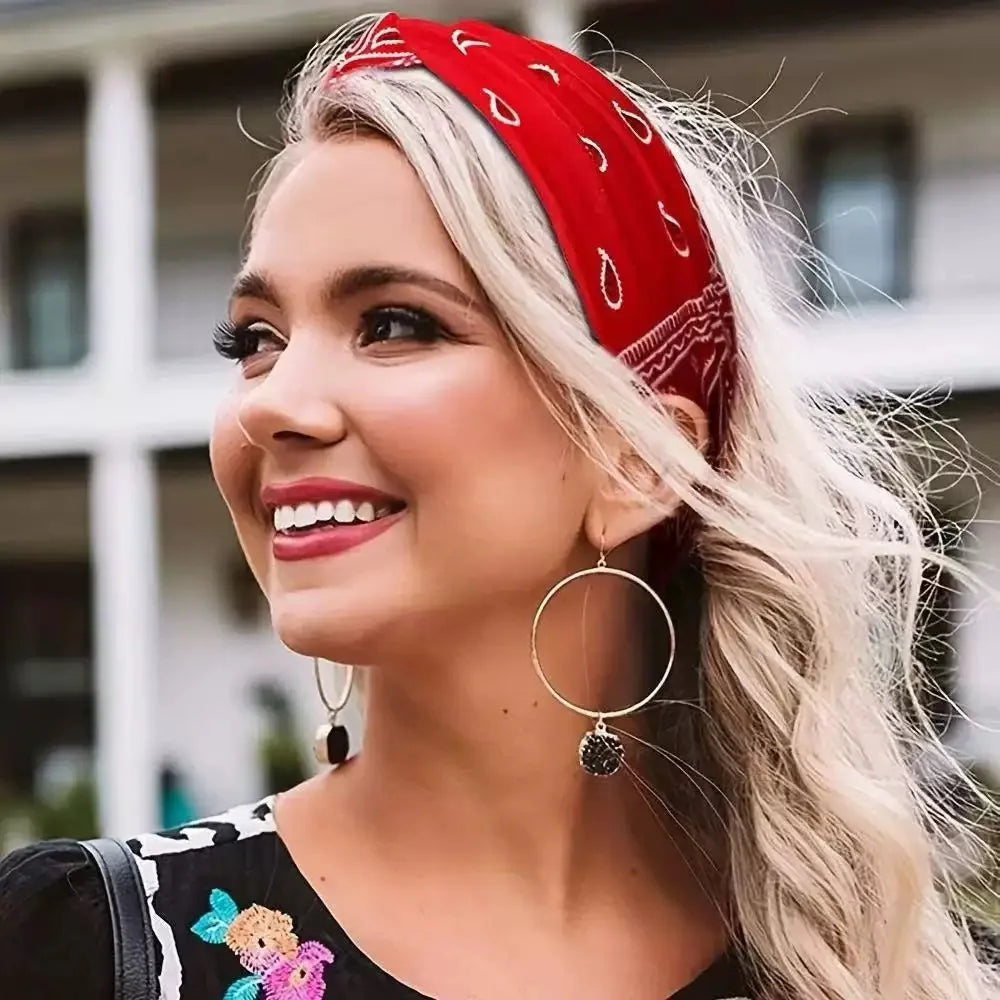 Bandeau large à imprimé bohème - Absorbant l’eau, sangles croisées, adapté au yoga, à la course à pied et à l’utilisation quotidienne