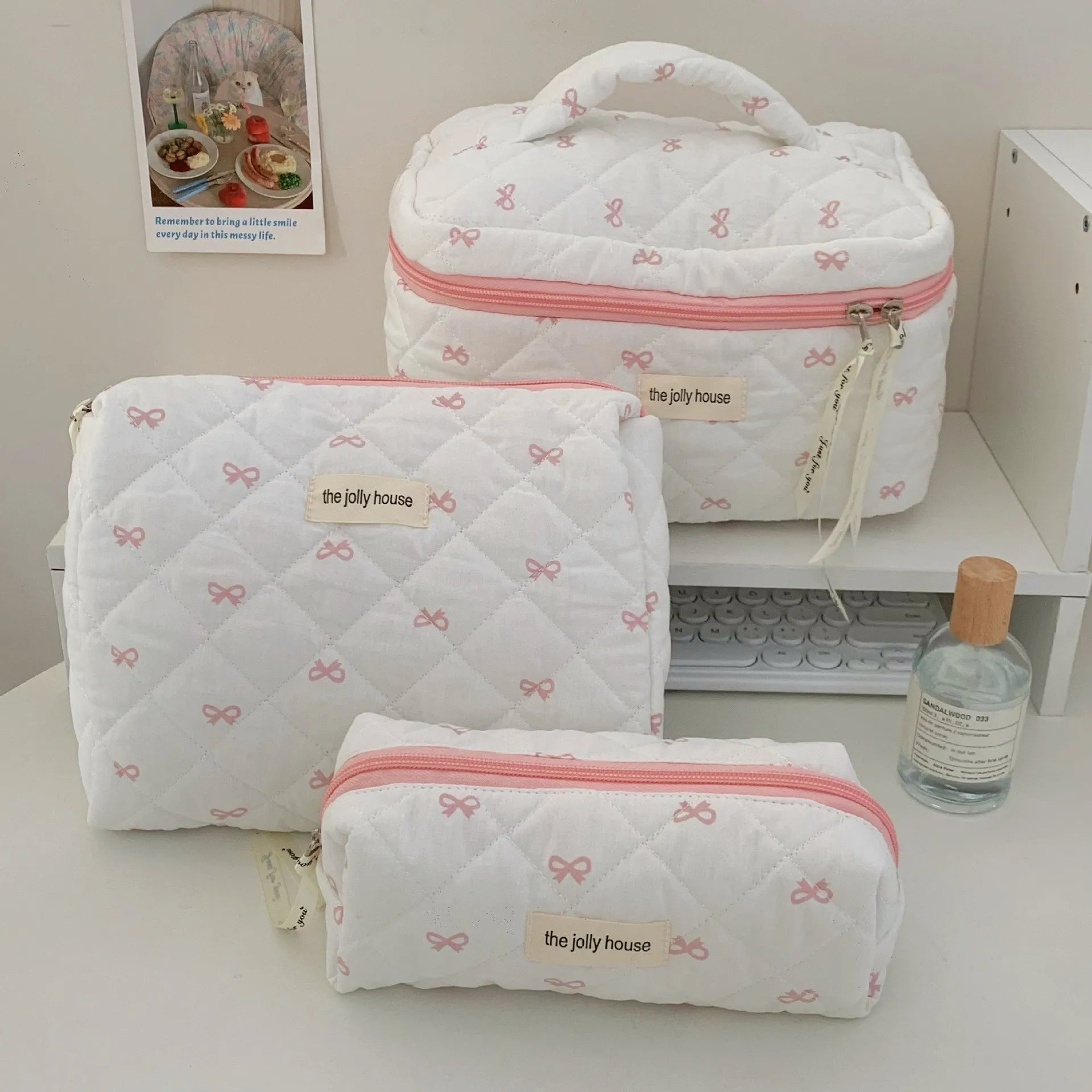 Fashion Cherry Tote Women Makeup Bag Portable Cute Ladies Cosmetic Toiletry Storage Pouch Handbag Cotton Quilted Zipper Bag