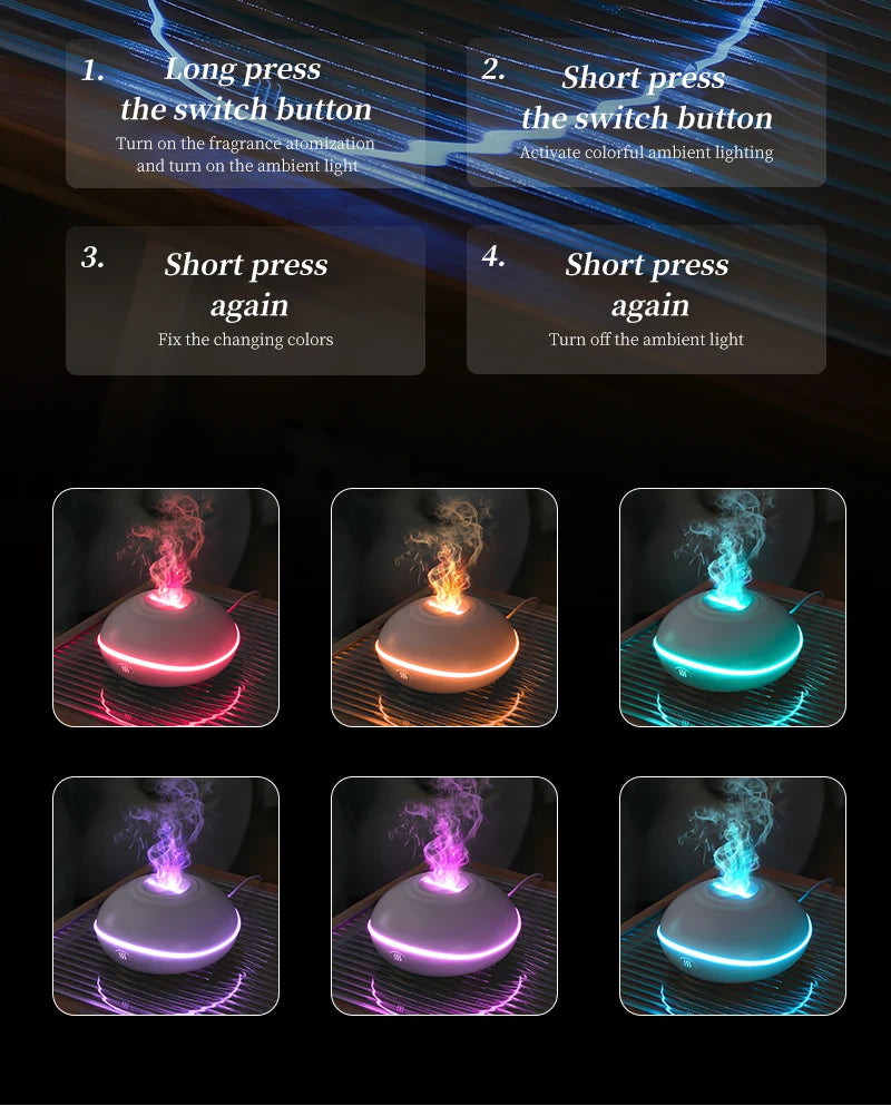 High Quality Aroma Diffuser Essential Oil Lamp 200ml USB Portable Air Humidifier with Color Flame Night Light