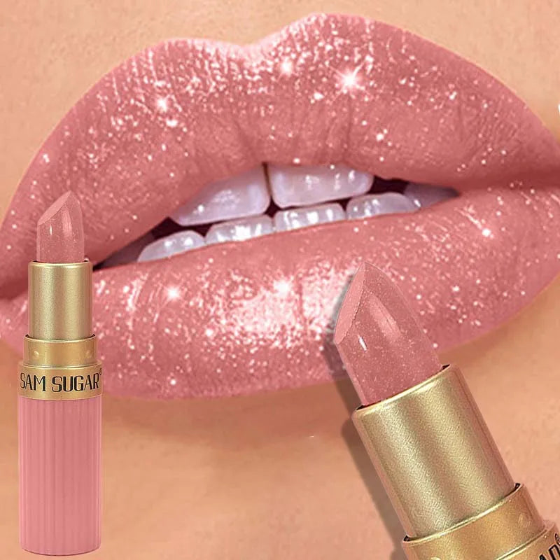 Rouge à lèvres Diamond Glitter Hydratant Rose étincelant Imperméable Brillant à lèvres Métallique Rouge à lèvres Sexy Teinte à lèvres Maquillage des lèvres