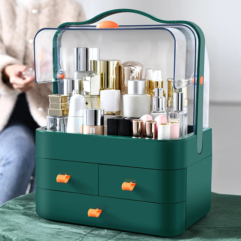 1pc Boîte de réception de cosmétiques Organisateur de maquillage de bureau anti-poussière avec tiroir pour produits de soins de la peau Étagère de boîte de rangement pour le ménage