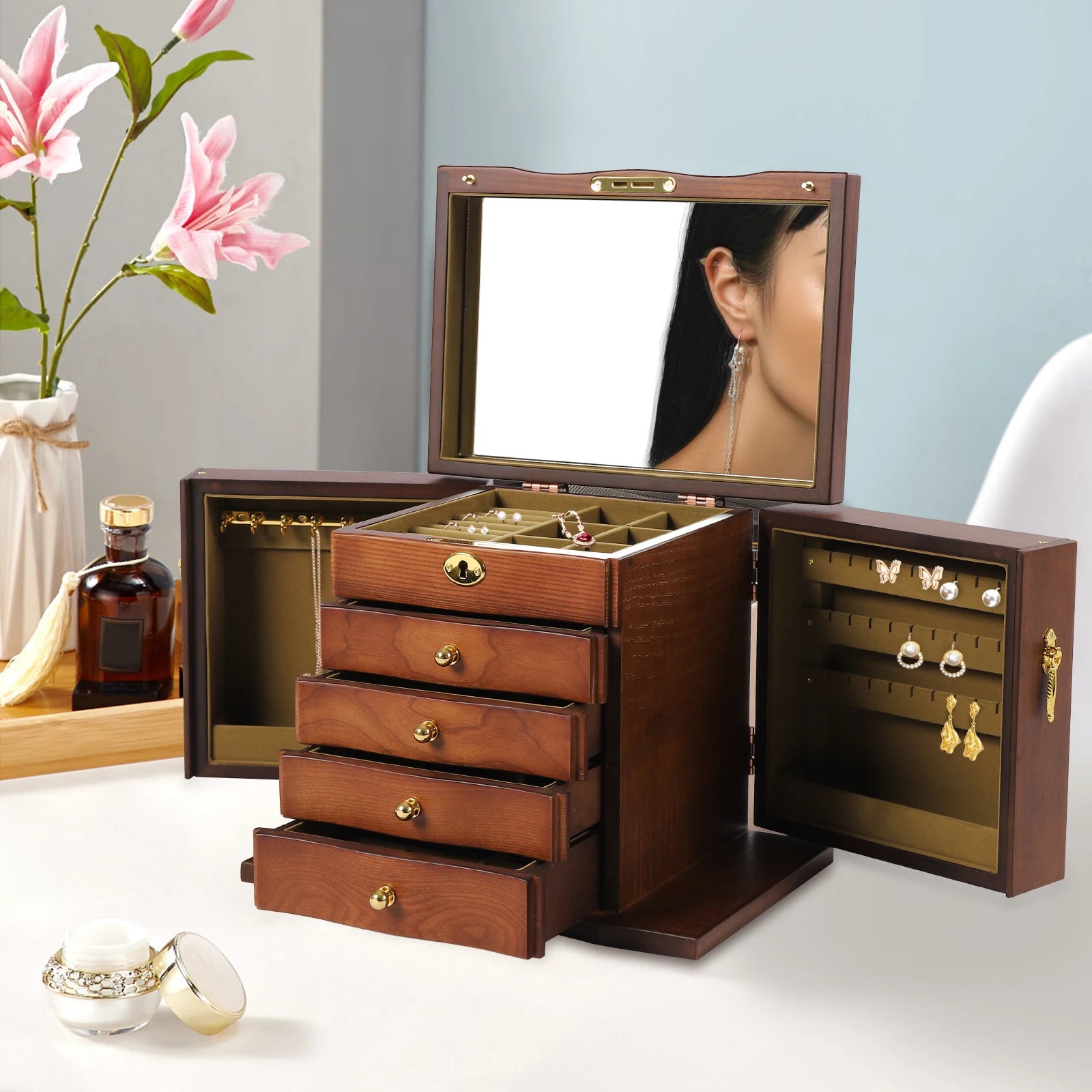 Wood Organizer Combo Lock Vintage Style Storage Box With Mirror, High Quality Wood Jewelry Necklace Chest Armoire Drawer