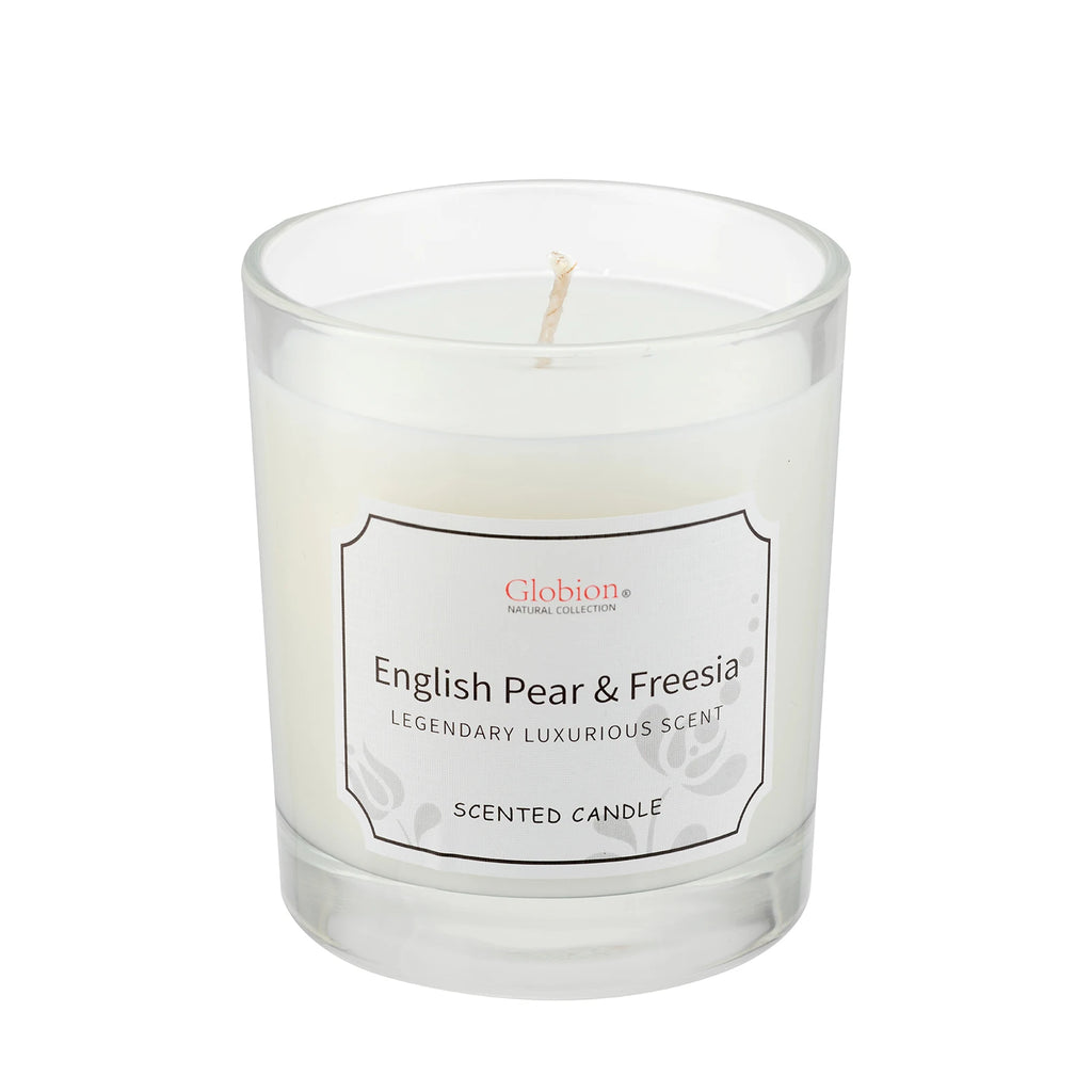 Scented Candle English Pear and Freesia Aromatherapy Candle Glass Jar + Lid 7oz for Home 45 Hours Burn Time Gift for Birthday