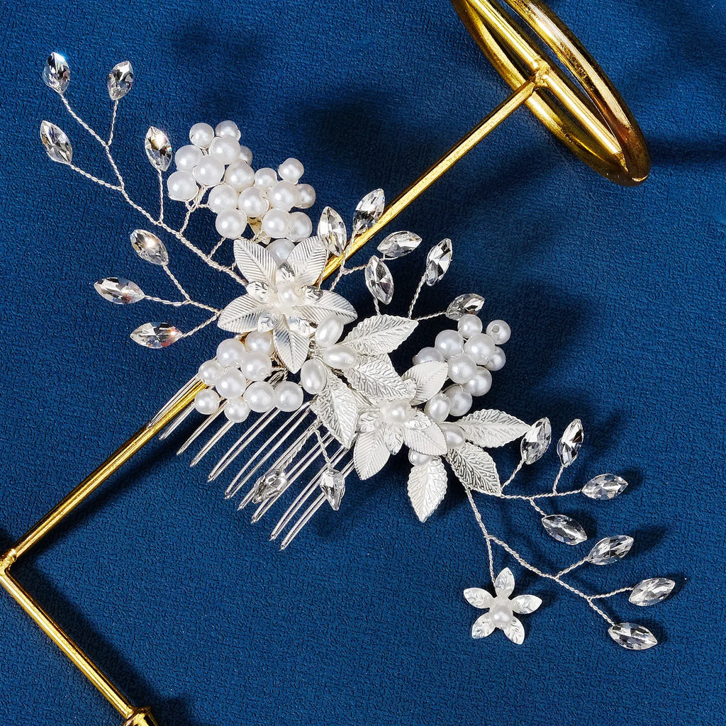 New Silver Alloy Hair Comb Handmade Pearls Rhinestones Fashion Metal Headpiece Elegant Hair Jewellery Accessory For Women