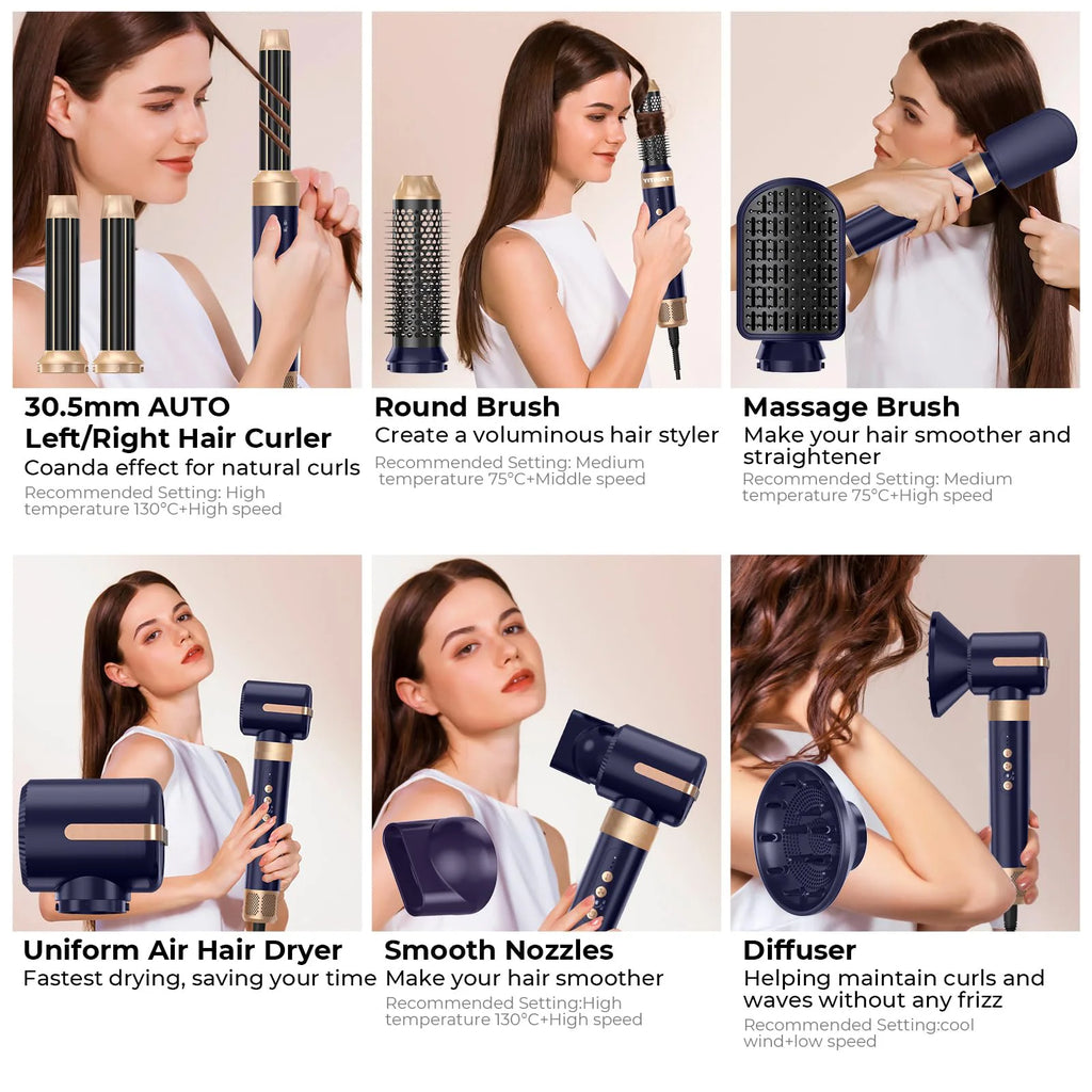 Brosse de sèche-cheveux 7 en 1 sans brosse Sèche-cheveux à grande vitesse avec diffuseur Sèche-cheveux ionique Peigne de coiffage à air chaud Bigoudis automatique