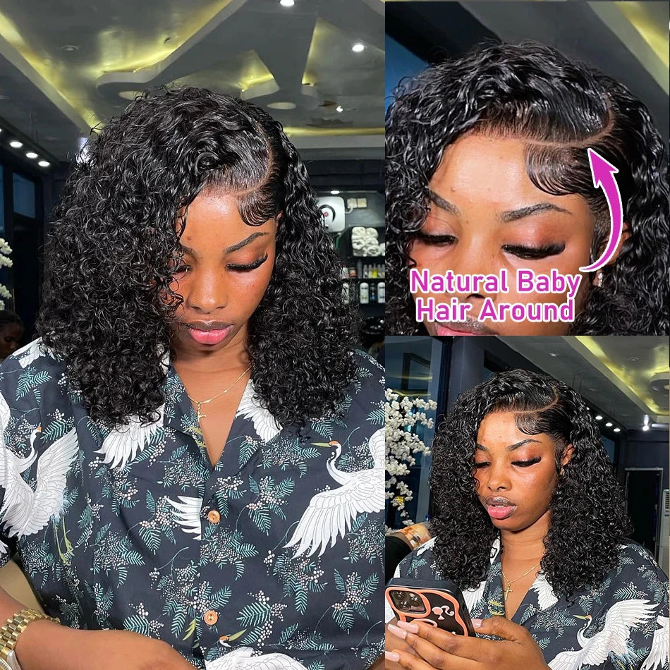 Brazilian Deep Water Wave Curly Bob 100% Human Hair Wigs Natural Black Deep Wave HD Lace Front 13x4 13x6 Transparent Lace Wigs