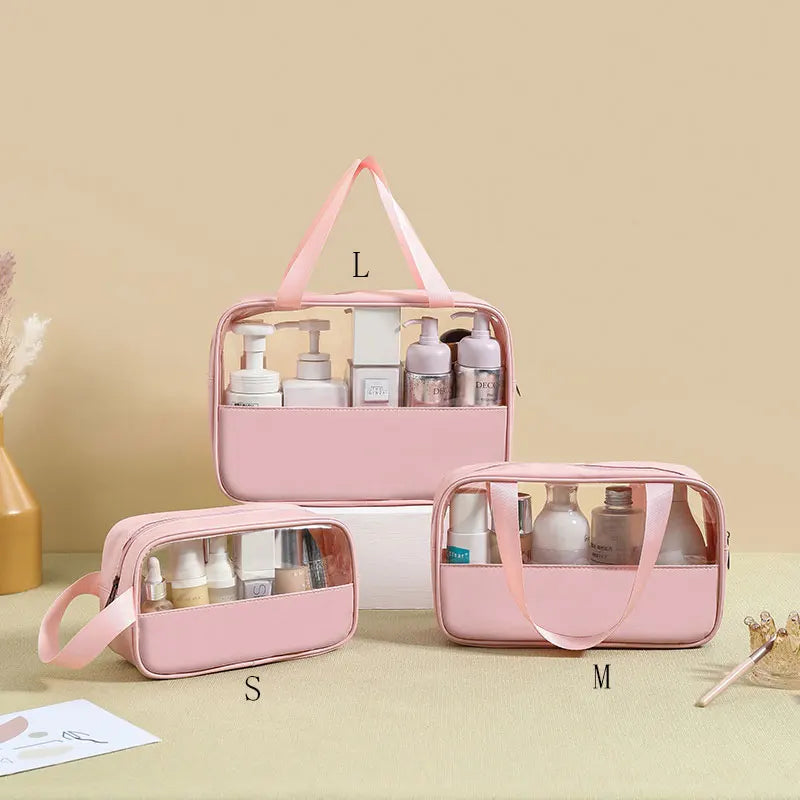 New transparent makeup bag Large capacity waterproof swimming and bathing bag Simple PVC handbag PU splicing bag wash bag