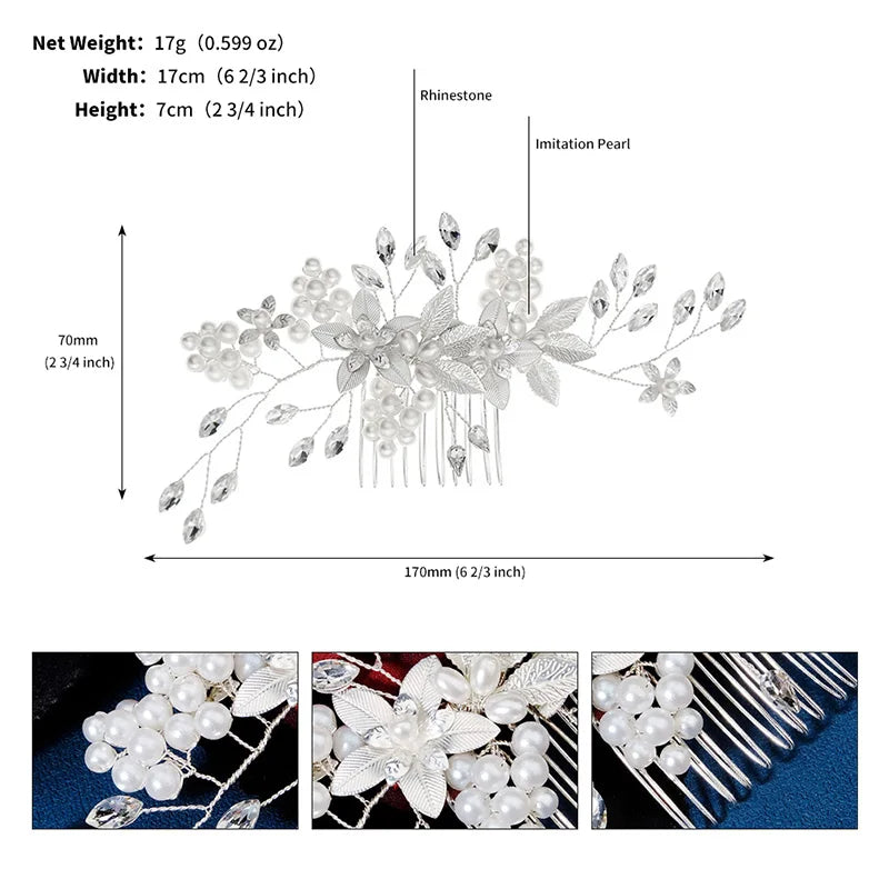 New Silver Alloy Hair Comb Handmade Pearls Rhinestones Fashion Metal Headpiece Elegant Hair Jewellery Accessory For Women