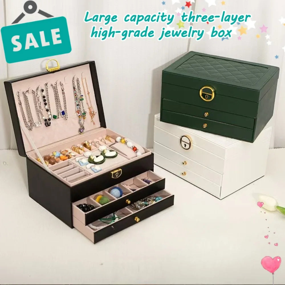 Large-capacity Three-layer Leather with Lock Jewelry Box Earrings Bracelet Jewelry Anti-dust Anti-oxidation Geling Storage Box