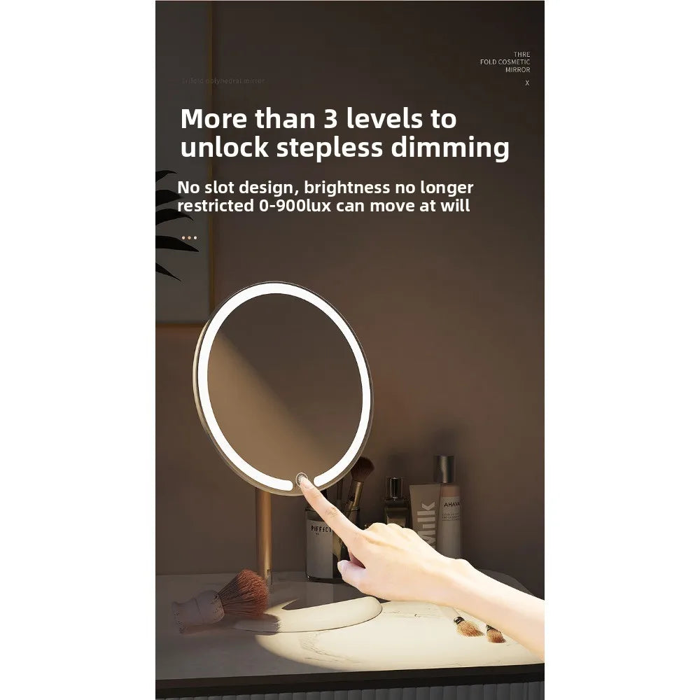 Makeup LED Touch Screen Makeup Mirror Foldable Illuminated 3 Colors Lighting Modes USB Rechargeable Cosmetic Mirror Tools Mirror