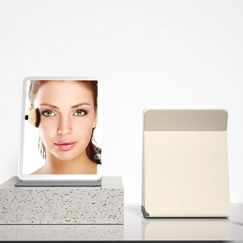Makeup Mirror Foldable Portable 3-Color Dimmable Lighting Rechargeable Tabletop Folding Vanity Cosmetic Mirror with LED Lights