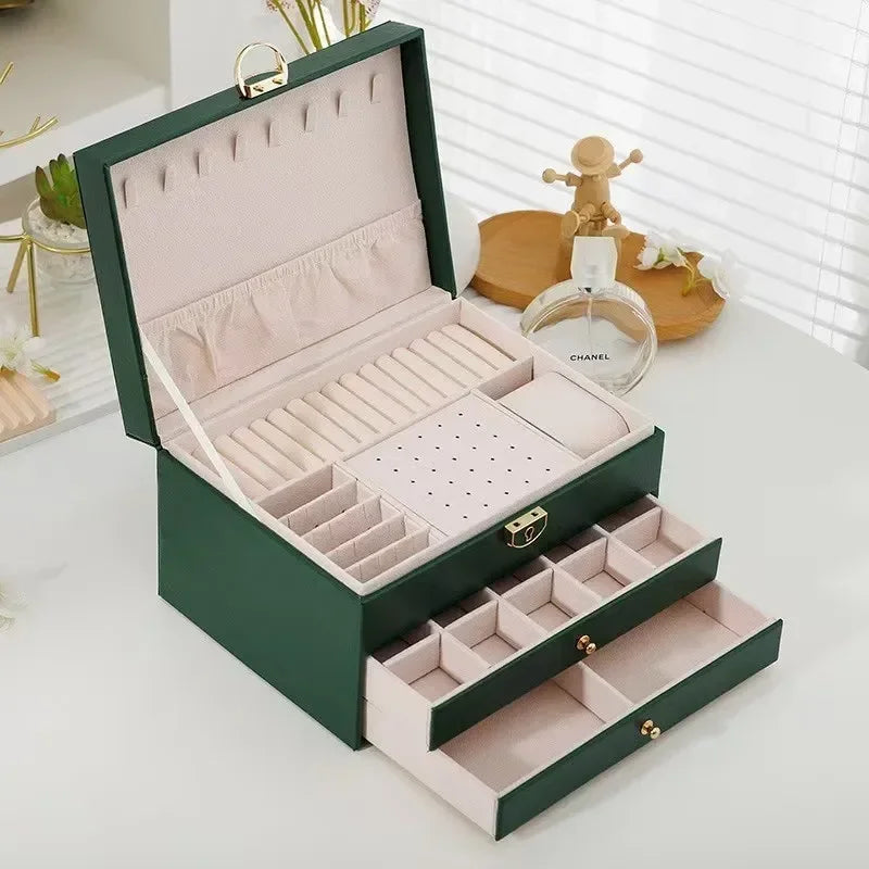 Three Layers New Retro High Quality Pu Jewelry Box With Necklace Hook Earrings Ring Bracelet Storage Case Green Colors