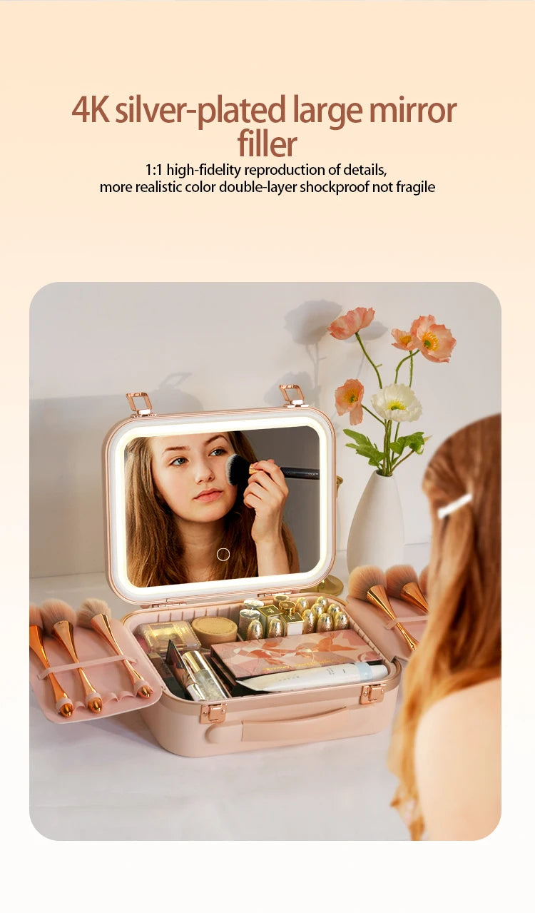 Large Capacity LED Lighted Makeup Case With Mirror Portable Detachable Cosmetic Storage Box Travel Makeup Box Cosmetic Bag
