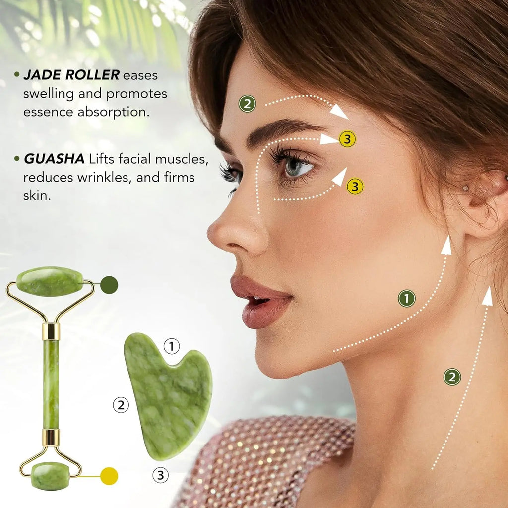 Skin Care Quartz Stone Natural Face Jade Roller Set Cooling Eye Gua Sha Tool Facial Beauty Massage For Face Jade Wheel  Green