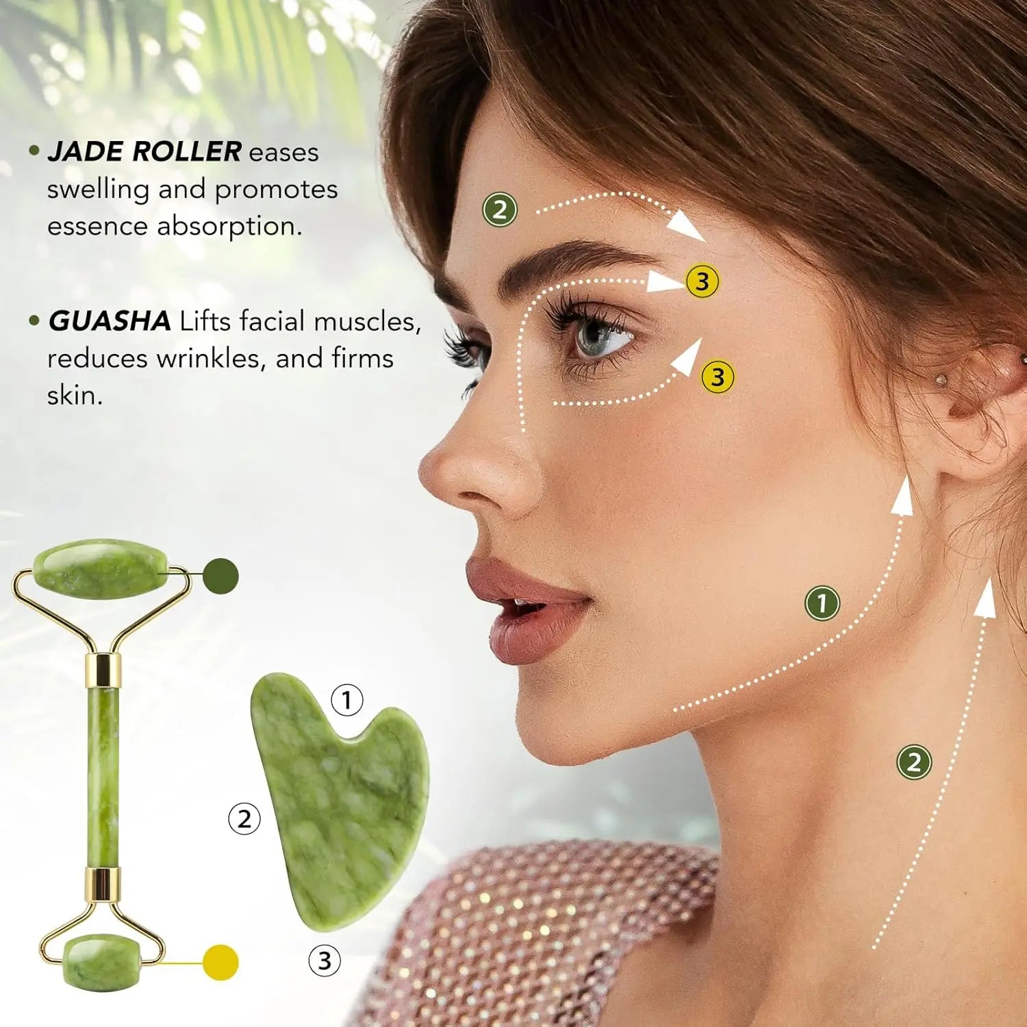 Skin Care Quartz Stone Natural Face Jade Roller Set Cooling Eye Gua Sha Tool Facial Beauty Massage For Face Jade Wheel  Green