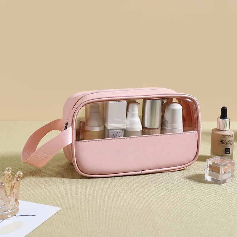 New transparent makeup bag Large capacity waterproof swimming and bathing bag Simple PVC handbag PU splicing bag wash bag