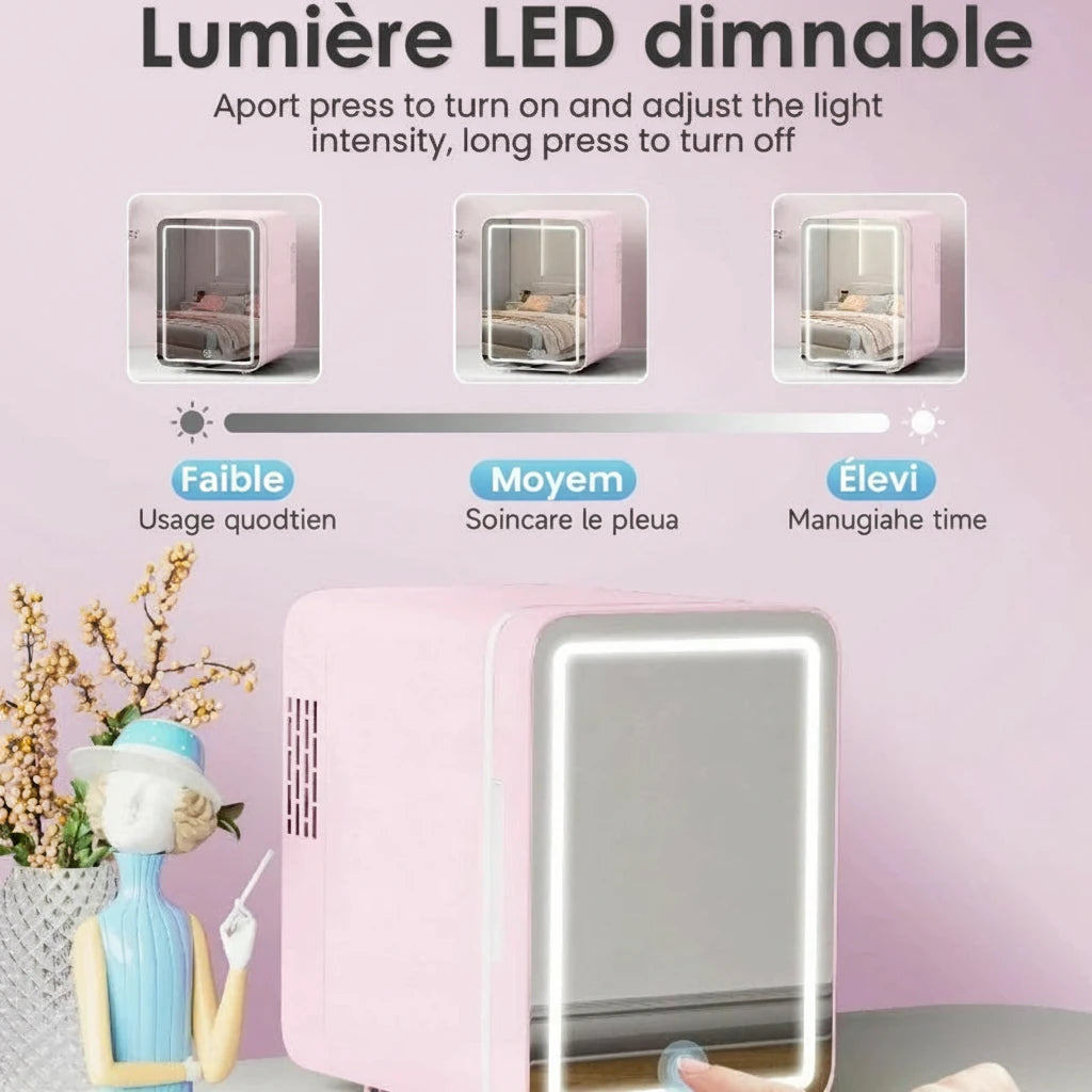 Skincare Fridge with Dimmable LED Light Mirror, 4L Makeup Mini Fridge for Bedroom, Car