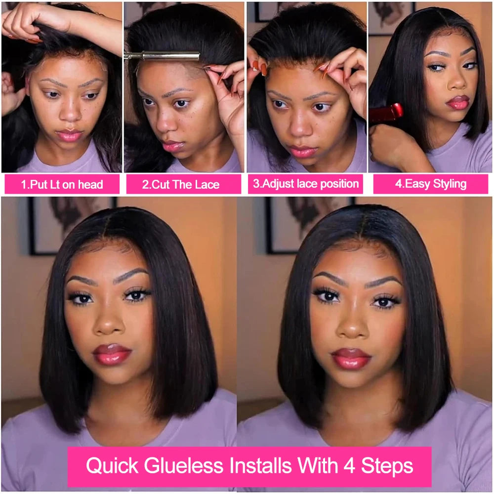 Kinky Straight Pre Cut Wear and Go Glueless Wig Short Bob 100% Human Perruque de cheveux pour femmes 13x4 Avant Perruque Yaki Bob en dentelle transparente