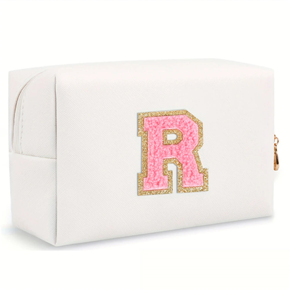 Initial letter patch makeup bag, Preppy portable zipper bag, PU leather waterproof travel wash bag,letter women's handbag-ll-LJX