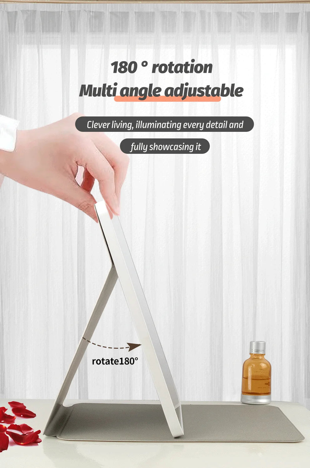 Makeup Mirror Foldable Portable 3-Color Dimmable Lighting Rechargeable Tabletop Folding Vanity Cosmetic Mirror with LED Lights