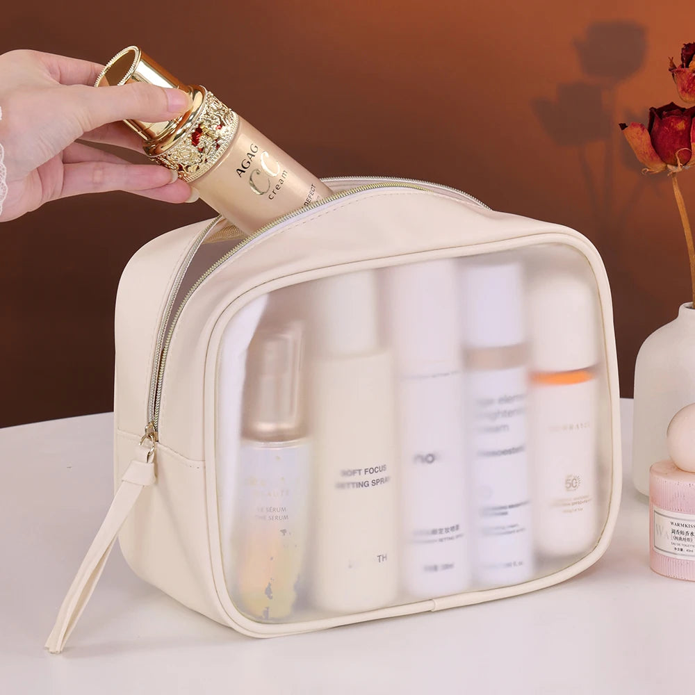 1pc sac de maquillage semi-transparent multifonctionnel, sac de rangement pour cosmétiques, trousse de toilette de voyage d’affaires, maquillage de grande capacité