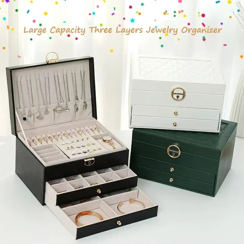Three Layers New Retro High Quality Pu Jewelry Box With Necklace Hook Earrings Ring Bracelet Storage Case Green Colors