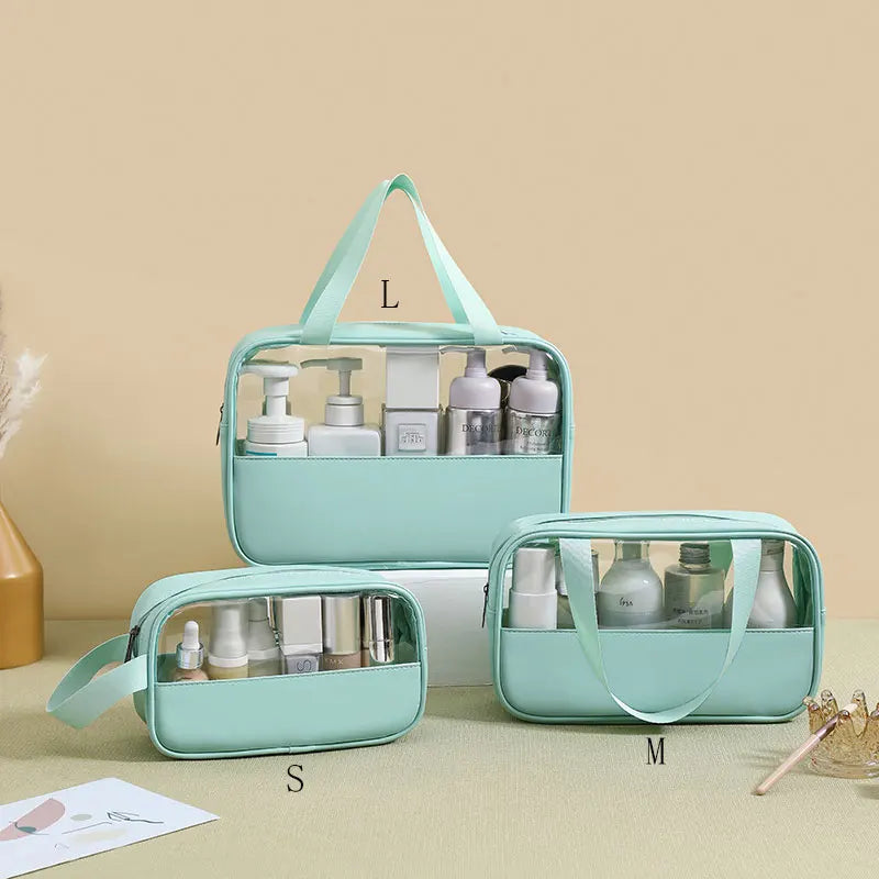 New transparent makeup bag Large capacity waterproof swimming and bathing bag Simple PVC handbag PU splicing bag wash bag