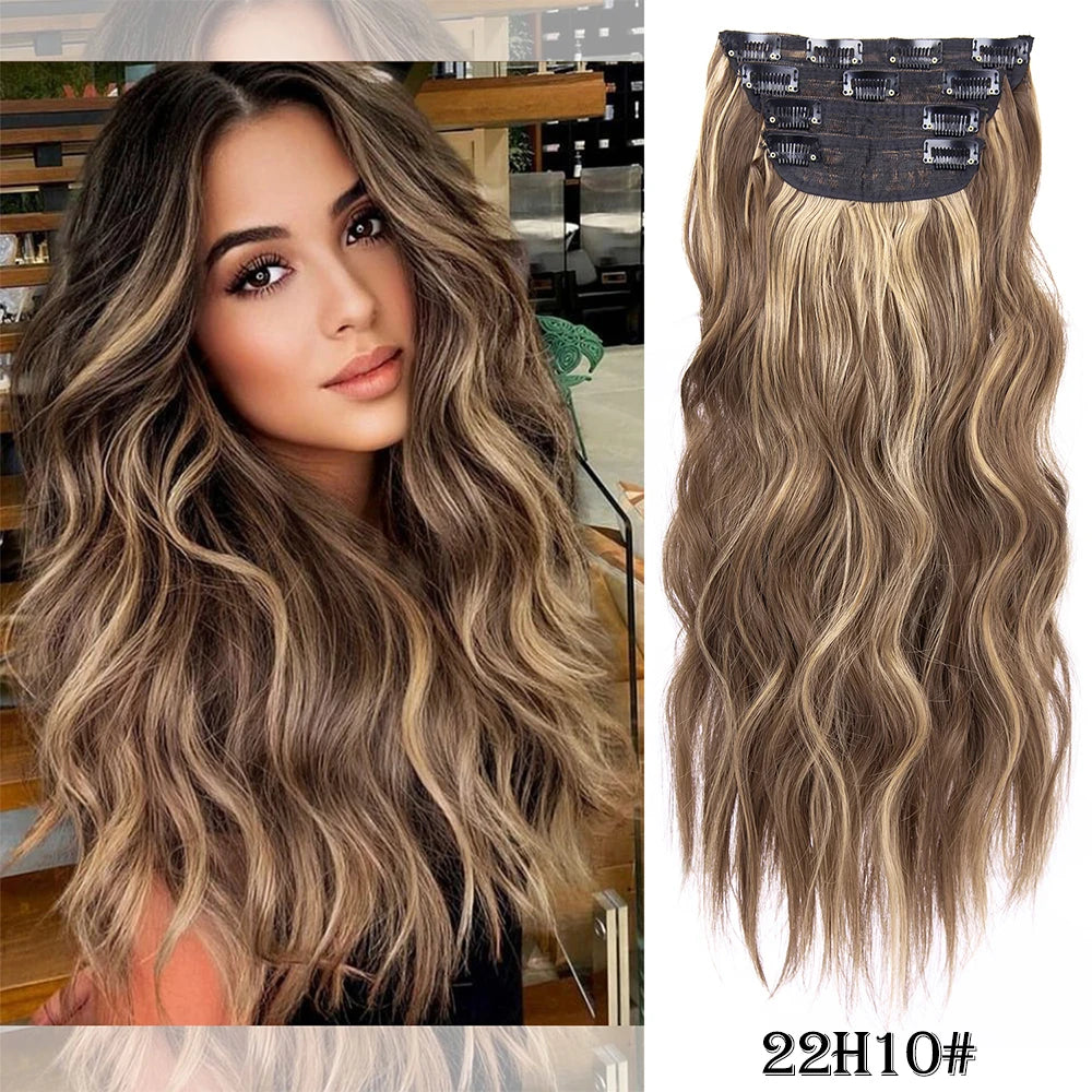 4Pcs/Set 20 Pouces Pince À Cheveux Synthétique Dans De Longues Cheveux Épaisses Ondulées Pour Femmes Extensions De Cheveux