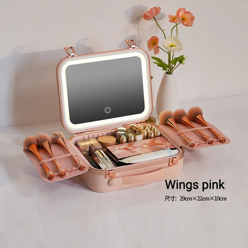 Large Capacity LED Lighted Makeup Case With Mirror Portable Detachable Cosmetic Storage Box Travel Makeup Box Cosmetic Bag