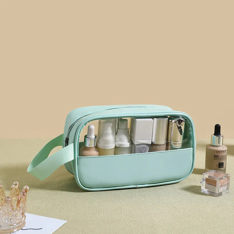 New transparent makeup bag Large capacity waterproof swimming and bathing bag Simple PVC handbag PU splicing bag wash bag