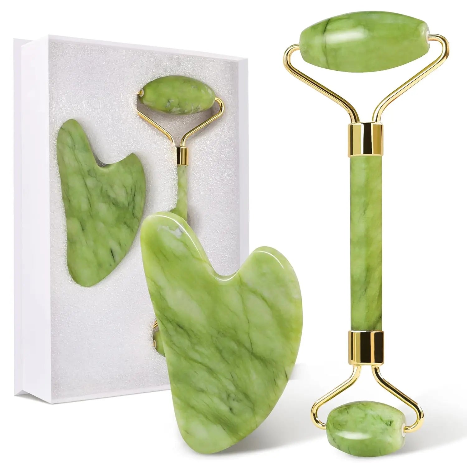 Skin Care Quartz Stone Natural Face Jade Roller Set Cooling Eye Gua Sha Tool Facial Beauty Massage For Face Jade Wheel  Green