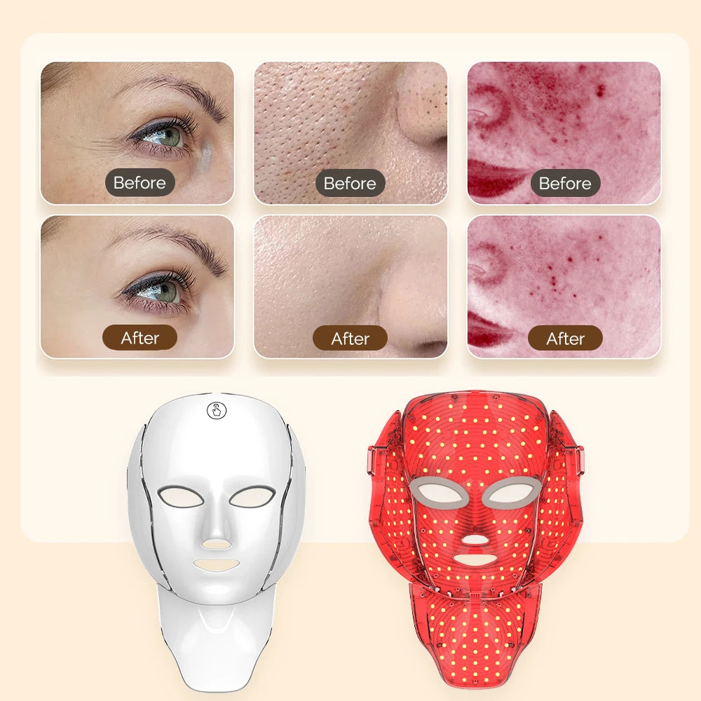 LED Facial Mask with Neck 7 Colors Light Therapy Red Light Facial Mask for Anti-Aging Rejuvenation Brighten Skin Beauty Device