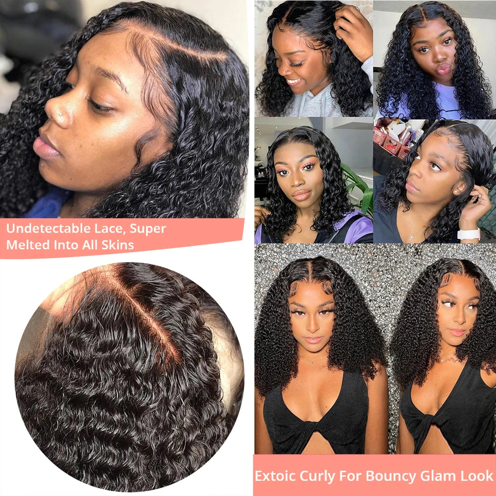 Brazilian Deep Water Wave Curly Bob 100% Human Hair Wigs Natural Black Deep Wave HD Lace Front 13x4 13x6 Transparent Lace Wigs