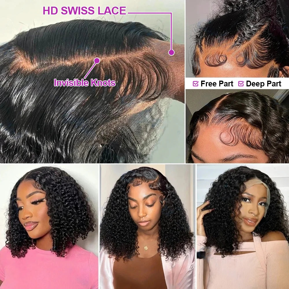 Brazilian Deep Water Wave Curly Bob 100% Human Hair Wigs Natural Black Deep Wave HD Lace Front 13x4 13x6 Transparent Lace Wigs