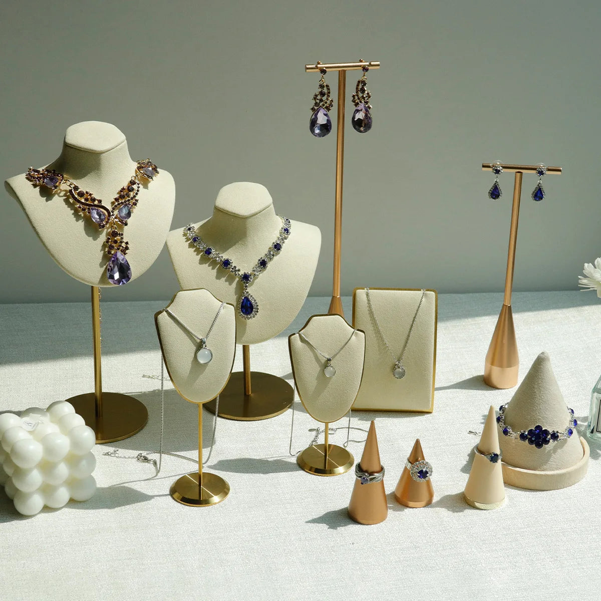 Beige Jewelry Display Props with Metal Base Earring Necklace Organizer Holder Jewelry Counter Earrings Rings Display Stand